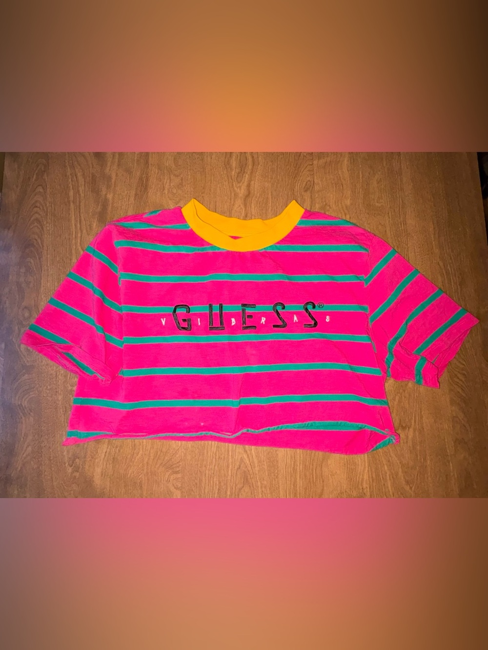 GUESS Pink & Green Striped Cropped Tee with Yellow Collar